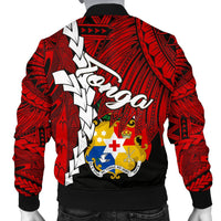 Tonga Polynesian Men's Bomber Jacket - Tribal Wave Tattoo Flag Color - Polynesian Pride