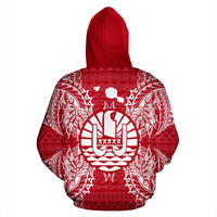 French Polynesia Polynesian All Over Zip up Hoodie Map Red White - Polynesian Pride