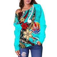 Tahiti Women's Off Shoulder Sweaters - Tribal Flower With Special Turtles Blue Color - Polynesian Pride