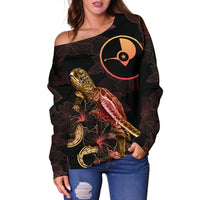 Yap Polynesian Women's Off Shoulder Sweater - Turtle With Blooming Hibiscus Gold - Polynesian Pride