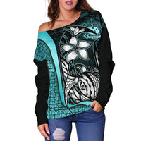 Samoa Polynesian Women Off Shoulder Sweater Turquoise - Turtle With Hook - Polynesian Pride