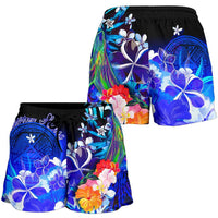 American Samoa Polynesian Women's Shorts - Humpback Whale with Tropical Flowers (Blue) - Polynesian Pride