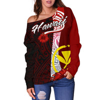 Hawaii Polynesian Women's Off Shoulder Sweater - Coat Of Arm With Hibiscus - Polynesian Pride
