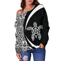 Hawaii Turtle Polynesian Women's Off Shoulder Sweater - Circle Style - AH - Whitle - Polynesian Pride