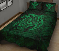 Hawaii Turtle Kanaka Map Hibiscus Poly Quilt Bed Set - Green - Polynesian Pride