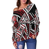 Cook Islands Women's Off Shoulder Sweaters - Tribal Flower Special Pattern Red Color - Polynesian Pride