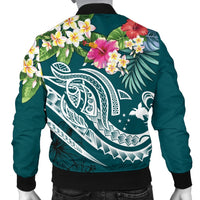 Papua New Guinea Polynesian Men's Bomber Jacket - Summer Plumeria (Turquoise) - Polynesian Pride