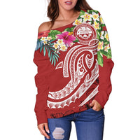 FSM Polynesian women's Off Shoulder Sweater - Summer Plumeria (Red) - Polynesian Pride