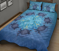 Hawaii Turtle Hibiscus Blue Quilt Bed Set - Polynesian Pride