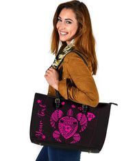 Personalized - Hawaii Kakau Polynesian Ohana Turtle Map Large Leather Tote - Pink - Polynesian Pride