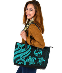 Tonga Polynesian Large Leather Tote Bag - Turquoise Tentacle Turtle - Polynesian Pride