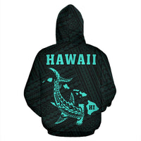 Polynesian Kakau Hammerhead Shark Map of Hawaii Hoodie Turquoise - Polynesian Pride