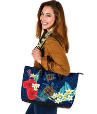 Hawaii Turtle Hibiscus Polynesian Large Tote Bag - Blue - Edna Style - AH - Polynesian Pride