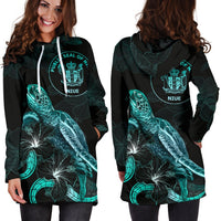 Niue Polynesian Hoodie Dress - Turtle With Blooming Hibiscus Turquoise - Polynesian Pride
