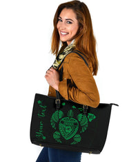 Personalized - Hawaii Kakau Polynesian Ohana Turtle Map Large Leather Tote - Green - Polynesian Pride