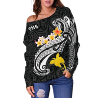 Papua New Guinea Women's Off Shoulder Sweater - PNG Seal Polynesian Patterns Plumeria (Black) - Polynesian Pride