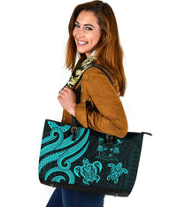 Fiji Polynesian Large Leather Tote Bag - Turquoise Tentacle Turtle Crest - Polynesian Pride