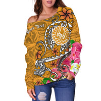 Tahiti Custom Personalised Women's Off Shoulder Sweater - Turtle Plumeria (Gold) - Polynesian Pride