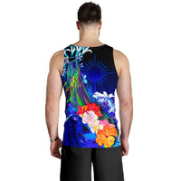 Marshall Islands Men's Tank Top - Humpback Whale with Tropical Flowers (Blue) - Polynesian Pride