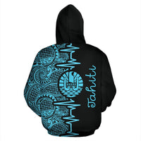 Tahiti Polynesian Hoodie Tahiti Flag Heartbeat Pattern Blue Version TH0 - Polynesian Pride