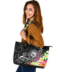Hawaii Polynesian Large Leather Tote Bag - Hawaii Seal With Turtle Plumeria (Black) - Polynesian Pride
