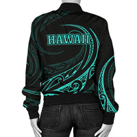 Hawaii Turtle Map Polynesian Women's Bomber Jacket - Turquoise - Frida Style - Polynesian Pride