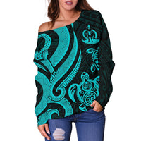 Vanuatu Women's Off Shoulder Sweater - Turquoise Tentacle Turtle - Polynesian Pride