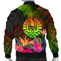 Tahiti Polynesian Men's Bomber Jacket - Hibiscus and Banana Leaves - Polynesian Pride