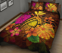 Hawaii Turtle Tribal Map Hibiscus Plumeria Quilt Bed Set - Polynesian Pride