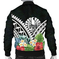 Tahiti Men's Bomber Jacket - Tahiti Caledonia Coat of Arms & Polynesian Tropical Flowers White - Polynesian Pride