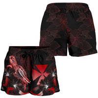Wallis And Futuna Polynesian Women's Shorts - Turtle With Blooming Hibiscus Red - Polynesian Pride