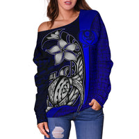 Pohnpei Micronesia Women Off Shoulder Sweater Blue - Turtle With Hook - Polynesian Pride