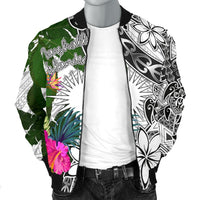 Marshall Islands Men's Bomber Jacket White - Turtle Plumeria Banana Leaf - Polynesian Pride