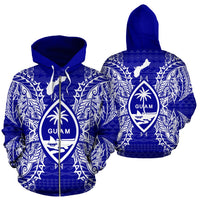 Guam Polynesian All Over Zip up Hoodie Map Blue Unisex Blue - Polynesian Pride