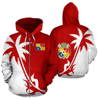 Tonga Zip up Hoodie Tonga Coat of Arms Coconut Tree Unisex Red mix White - Polynesian Pride