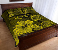 Personalized - Hawaii Map Turtles Hibiscus Quilt Bed Set - Yellow - Polynesian Pride