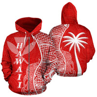 Polynesian Hawaii Zip up Hoodie Coconut Tree Red and White Unisex Red - Polynesian Pride