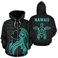 Polynesian Kakau Hula Girl Turtle Hibiscus Hawaii Zip Hoodie Turquoise Unisex Turquoise - Polynesian Pride