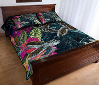 Hawaii Map Turtle Swimming Hibiscus Plumeria Moana Quilt Bed Set - Polynesian Pride