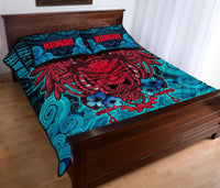 Hawaii Polynesian Quilt Bed Set - Hawaiian Red Tiki Face - Torquoise Version - Polynesian Pride