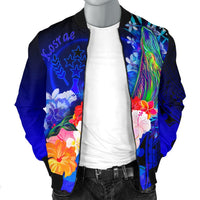 Kosrae Men's Bomber Jacket - Humpback Whale with Tropical Flowers (Blue) - Polynesian Pride