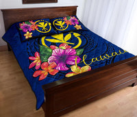 Hawaii Polynesian Quilt Bed Set - Floral With Seal Blue - Polynesian Pride