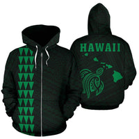 Polynesian Kakau Turtle Map of Hawaii Zip Hoodie Green Unisex Green - Polynesian Pride