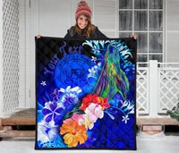 Polynesian Hawaii Custom Personalised Premium Quilt - Humpback Whale with Tropical Flowers (Blue) - Polynesian Pride