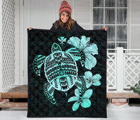 Hawaiian Kanaka Hibiscus Plumeria Mix Polynesian Turtle Premium Quilt Turquoise AH - Polynesian Pride
