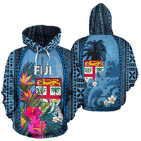 Fiji All Over Zip up Hoodie Coat of Arms Polynesian With Hibiscus and Waves - Polynesian Pride