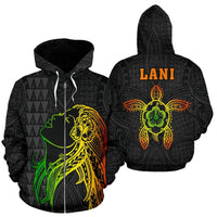 Polynesian Kakau LANI Hula Girl Turtle Hibiscus Hawaii Zip Hoodie Unisex Black - Polynesian Pride