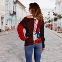 Cook Islands Polynesian Women's Off Shoulder Sweater - Coat Of Arm With Hibiscus - Polynesian Pride