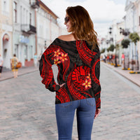 Tahiti Polynesian Off Shoulder Sweater - Red Plumeria - Polynesian Pride