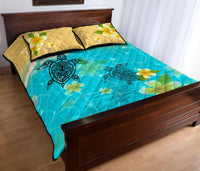 Hawaii Quilt Bed Set - Tiki Face In Turtles And Plumeria On Beach - Polynesian Pride